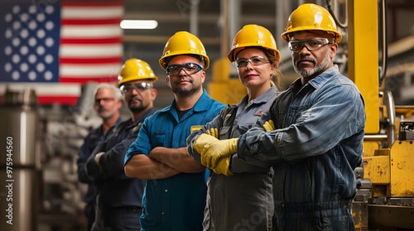 Fototapeta Group of diverse factory workers in protective gear