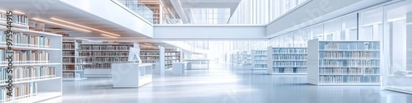 Obraz Modern spacious library interior with white shelves
