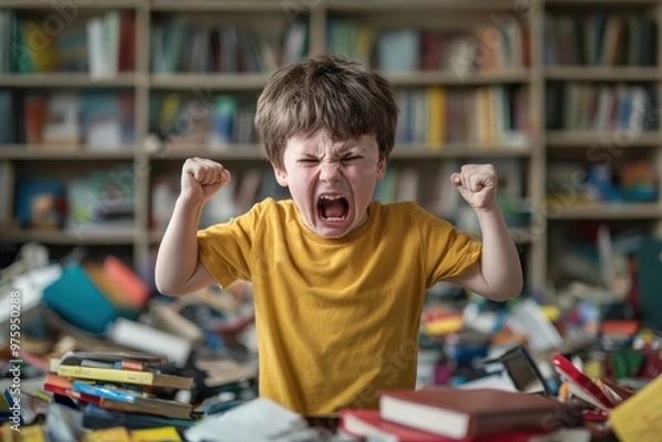 Obraz  A young boy shouting in anger with his fists in the air, standing in a messy room full of overturned books and toys, capturing a moment of emotional outburst 