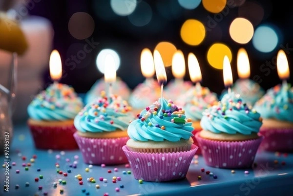 Fototapeta A group of birthday cupcakes arranged on a platter, each with different frosting colors and candle shapes, on a party table