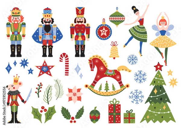 Fototapeta Christmas set with Nutcracker, baljerina and festive symbols and design elements. Perfect for posters, postcard, invite, wall art, banner, card, cover. Transparent background.