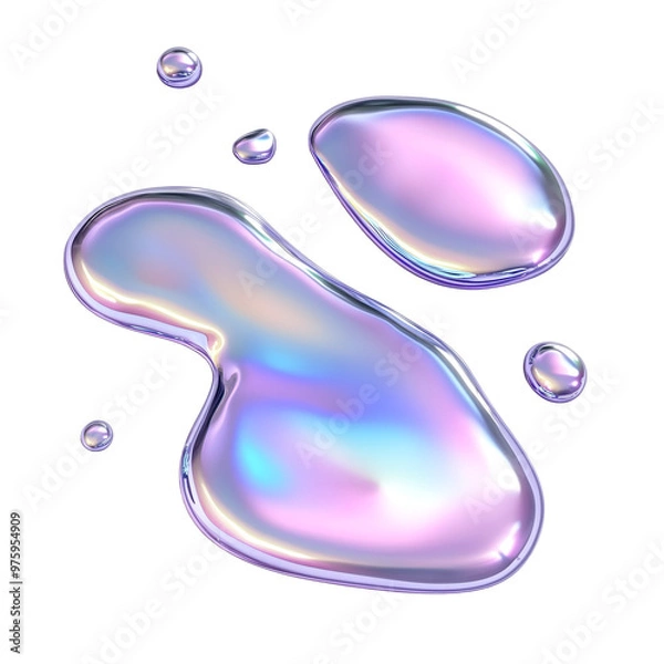 Fototapeta Abstract liquid droplets with iridescent pastel gradient and reflective surface, Cutout, Isolated on White Background