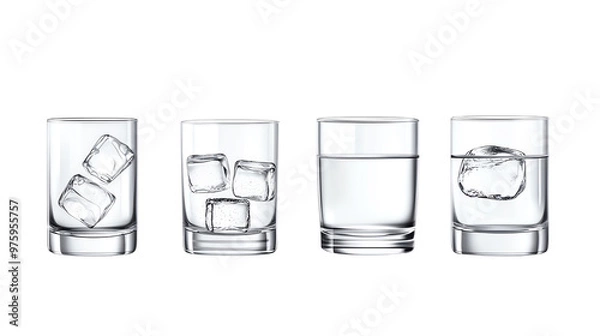 Fototapeta Set of four transparent glasses, each holding water and varying numbers of ice cubes