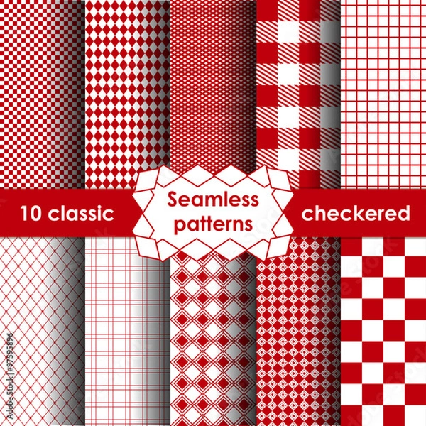 Fototapeta Set of checkered simple red fabric seamless pattern.