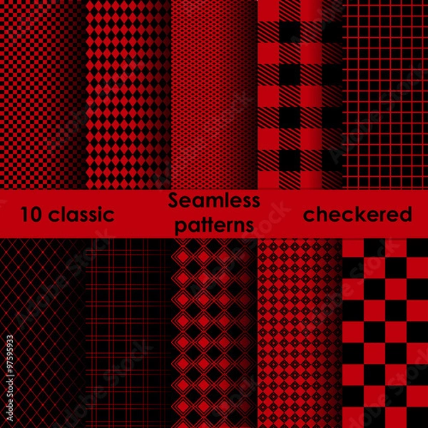 Fototapeta Set of checkered simple red and black fabric seamless pattern.