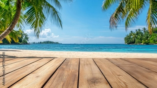 Obraz Tropical Beach Background with Wooden Plank Mockup