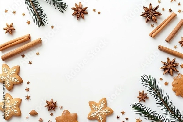 Fototapeta Christmas frame with gingerbread cookies, fir branches and spices.