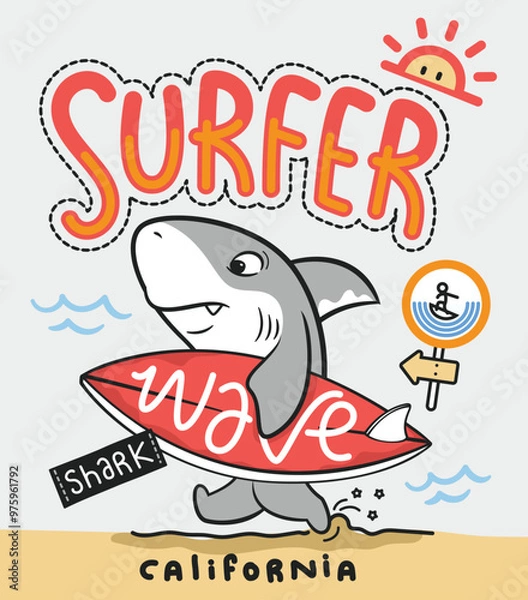 Fototapeta Cute shark cartoon with surfboard on beach isolated on white background illustration vector, for t-shirt print.