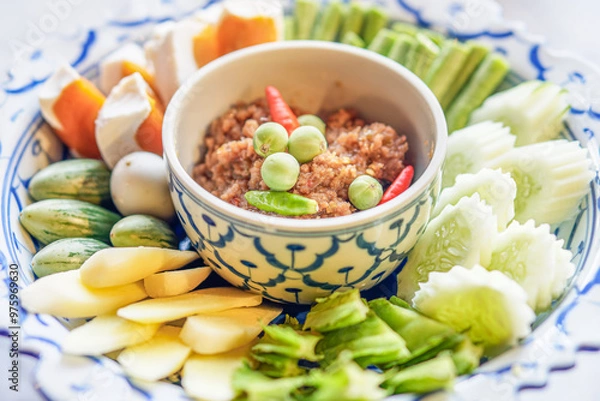 Fototapeta Thai cuisine features Nam Phrik Kapi. It is a type of chili paste made with chili peppers, other spices, served with a variety of fresh vegetables such as cucumber, small eggplant, long beans,etc.