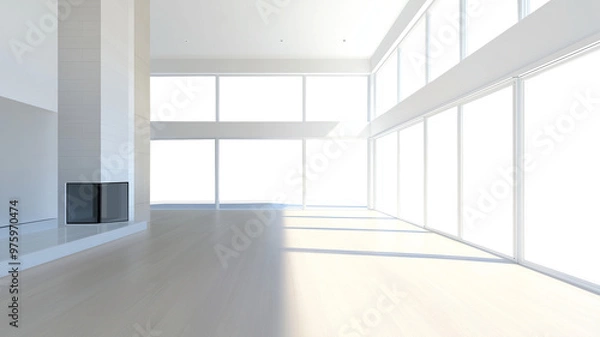 Fototapeta Interior of a great room with wrap-around double-high floor-to-ceiling windows, cutout to transparency for custom background