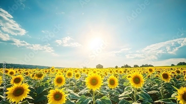 Obraz Vibrant Sunflower Field Under Bright Summer Sky with Distant Farmhouse