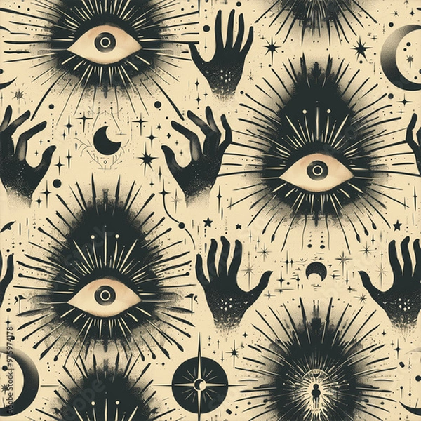 Fototapeta seamless pattern mystical and magical with eyes and hands, moon and stars