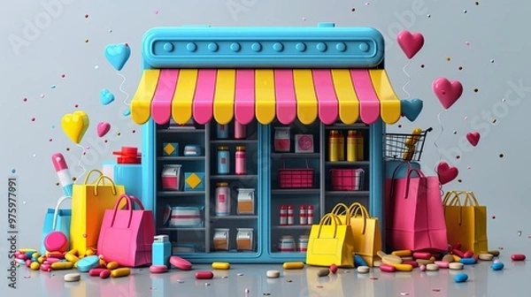 Fototapeta shopping online network applications on smartphones. logistic delivery system GPS tracking. the mall product app catalog. restaurant food menu online internet. pharmacy online store. 3d illustrator