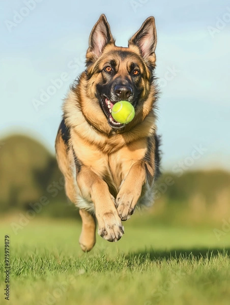 Fototapeta German Shepherd running and jumping with ball towards camera in the garden
