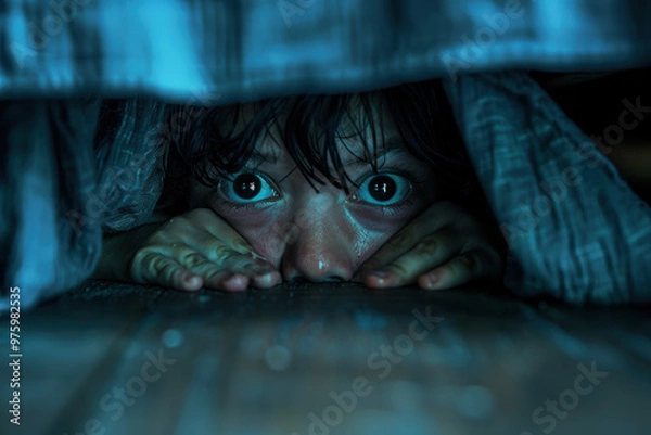 Fototapeta An image of a child hiding under the bed with wide, fearful eyes.