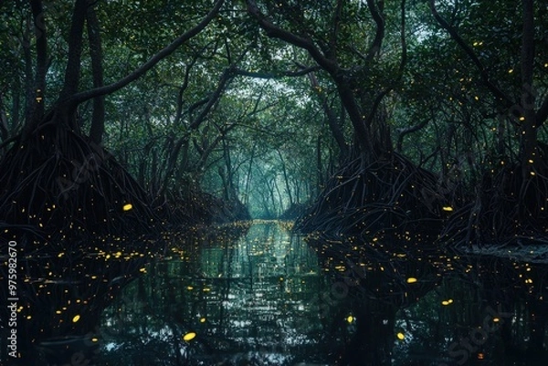 Fototapeta Enchanting Mangrove Forest Aglow with Fireflies at Twilight