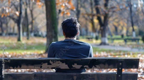 Fototapeta  Person sitting alone on a bench in a park, looking contemplative and thoughtful.