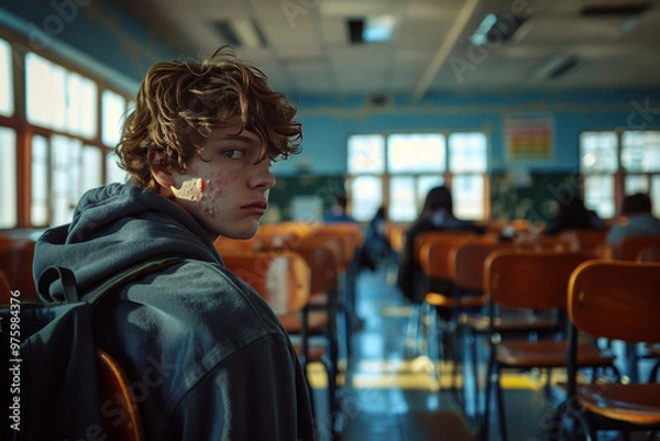 Fototapeta An image of a teenage boy with acne in a classroom, wearing a hoodie and a backpack. 