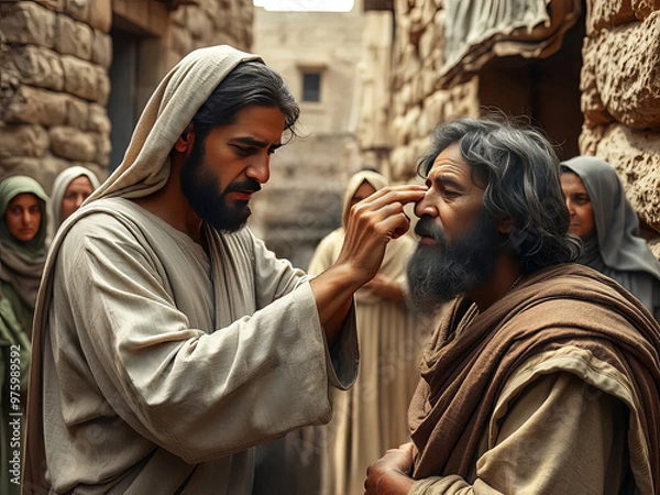 Fototapeta Gospel Images from the Bible NT - Jesus heals blind man using mud from saliva