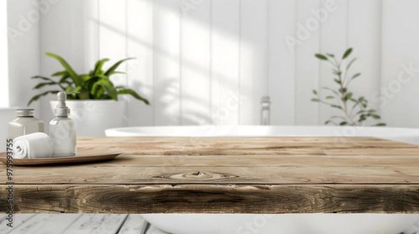 Fototapeta A bright bathroom featuring a wooden counter, indoor plants, and a freestanding bathtub, creating a peaceful and natural atmosphere with soft sunlight.