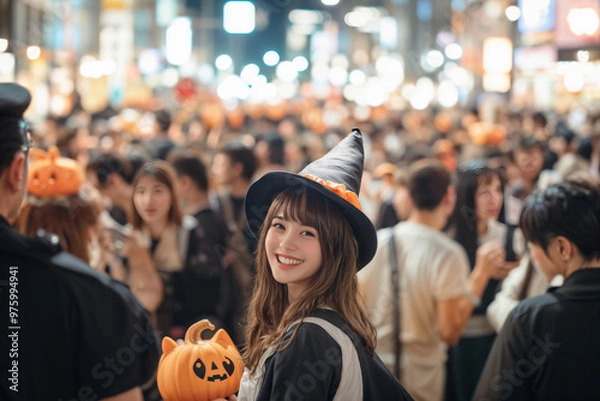 Obraz ハロウィーンの夜、渋谷の繁華街・交差点の大通りの人混みの中で魔女の仮装をして微笑む若い日本人女性(美人モデル)