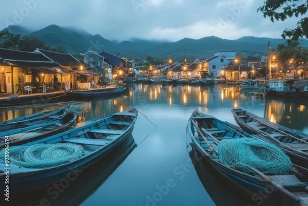 Obraz A serene evening on the river with wooden boats gently floating. The lights from nearby houses reflect on the water creating a peaceful atmosphere. Generative AI