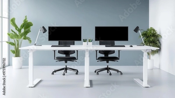 Fototapeta An office with an adjustable desk layout, allowing employees to customize their workspace for optimal productivity adjustable desks, office, productivity design