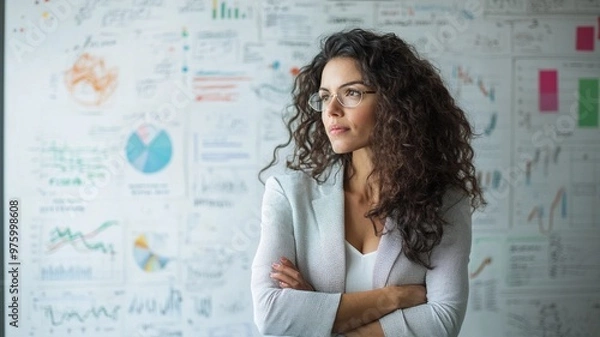 Fototapeta A businesswoman stands in front of a whiteboard filled with charts and data, thoughtfully analyzing business metrics for strategic insights.
