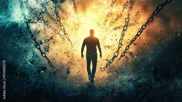 Fototapeta A man breaking free from chains with rays of light illuminating his path toward a better future