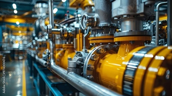 Obraz Close-up of Industrial Machinery with Yellow Piping and Metal Components