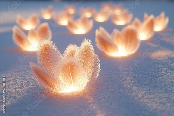 Obraz Floating lanterns with glowing flames on water's surface at night