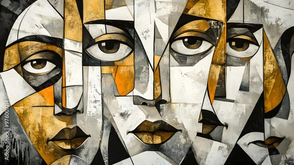 Fototapeta abstract illustration woman human emotions expression fragmented faces colorful art painting geometric shapes contrasting depth complexity modern artistic sadness depression illusion mental health