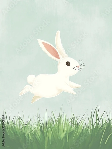 Fototapeta Cute Leaping Bunny in a Green Field with Soft Background,