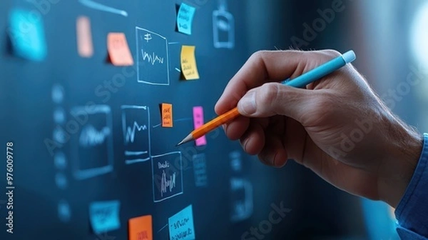 Obraz Hand Drawing Flowchart on Whiteboard with Colored Sticky Notes