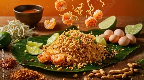 Obraz Delicious shrimp pad thai with fresh ingredients, garnished with peanuts and lime, served on a banana leaf. Perfect for food lovers.