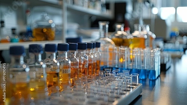 Obraz Close-up of Yellow Liquid in Glass Bottles in a Laboratory Setting