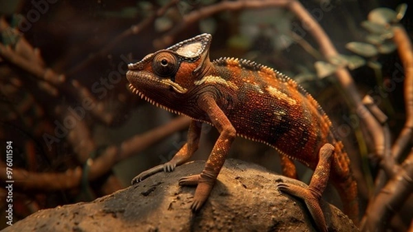 Fototapeta Hyper-realistic 4K image of a dark burnt orange chameleon smoothly blending into its background, showcasing natural camouflage and adaptability in stunning detail.

