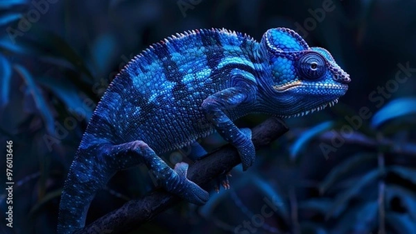 Fototapeta A hyper-realistic 4K HD image of a dark cobalt blue chameleon with soft lighting highlighting its texture and intricate details.
