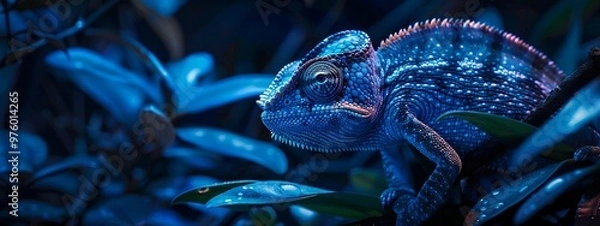 Fototapeta A hyper-realistic 4K HD image of a dark cobalt blue chameleon with soft lighting highlighting its texture and intricate details.
