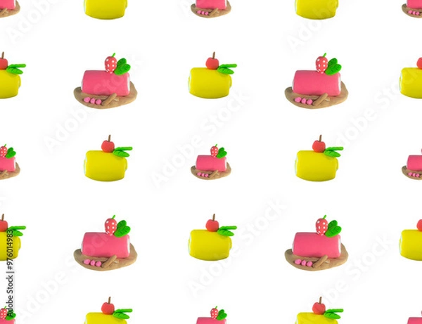Obraz seamless background Plasticine Pink Strawberry Cream and yellow Cake Roll. Sweet Delicious Desser t on white Background.