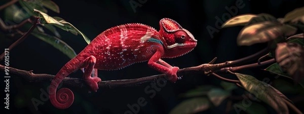 Fototapeta Hyper-realistic 4K image of a dark crimson red chameleon with subtle accents, showcasing intricate textures and lifelike details of the reptile.
