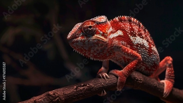 Fototapeta Hyper-realistic 4K image of a dark crimson red chameleon with subtle accents, showcasing intricate textures and lifelike details of the reptile.
