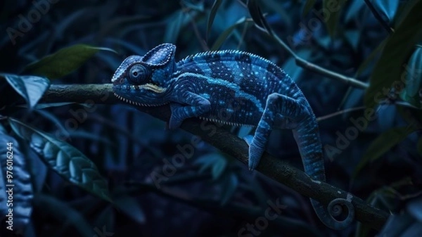 Fototapeta A hyper-realistic 4K HD image of a dark cobalt blue chameleon with soft lighting highlighting its texture and intricate details.
