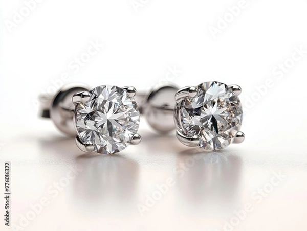 Fototapeta A pair of diamond solitaire earrings isolated on a white background, with each gemstone sparkling brightly solitaire earrings, gemstone, clarity