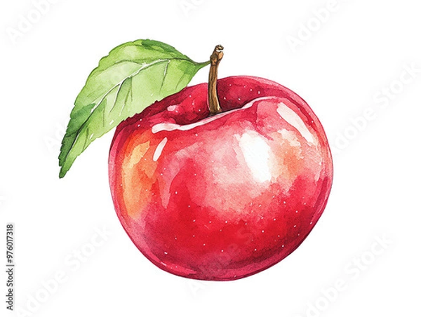 Fototapeta A vibrant red apple with a glossy surface and a green leaf, perfect for illustrating health and nature.