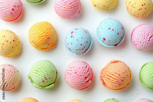 Obraz Ice cream scoops on a white background, top view, flat lay, pattern, colorful.