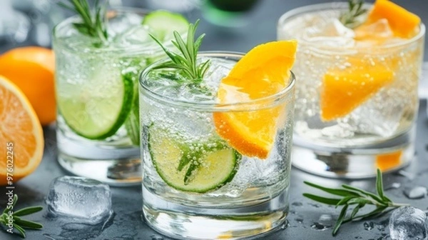 Fototapeta Fresh and refreshing cocktails based on gin, a distinctive herbal flavor, bar 