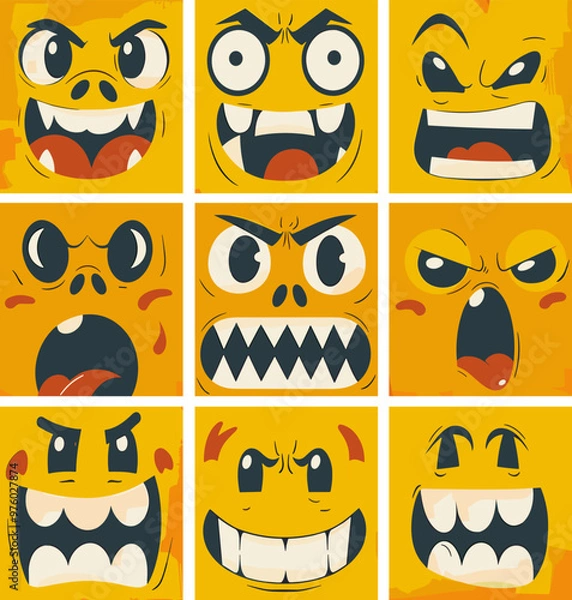 Obraz Square yellow faces cartoon vector set. Grid open mouth eyes tongue anger surprise fright unfortunately joy laughter crazy expressions emotions grotesque isolated emoticons