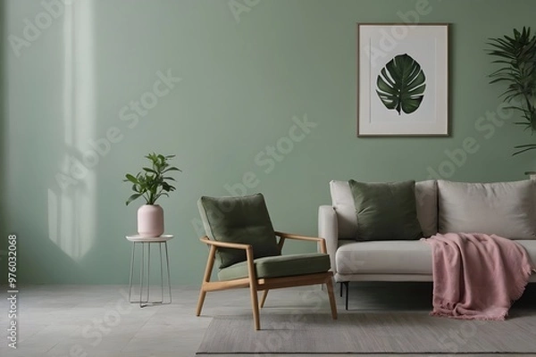 Fototapeta Modern living room The walls are painted in a soft light green color and there is a large window on the left side, there is a wooden armchair and a small side table with a pink vase on it.