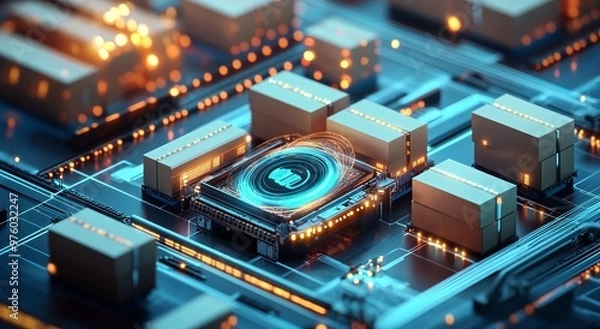 Fototapeta Digital illustration of an advanced technology hub with smart packaging and microchips